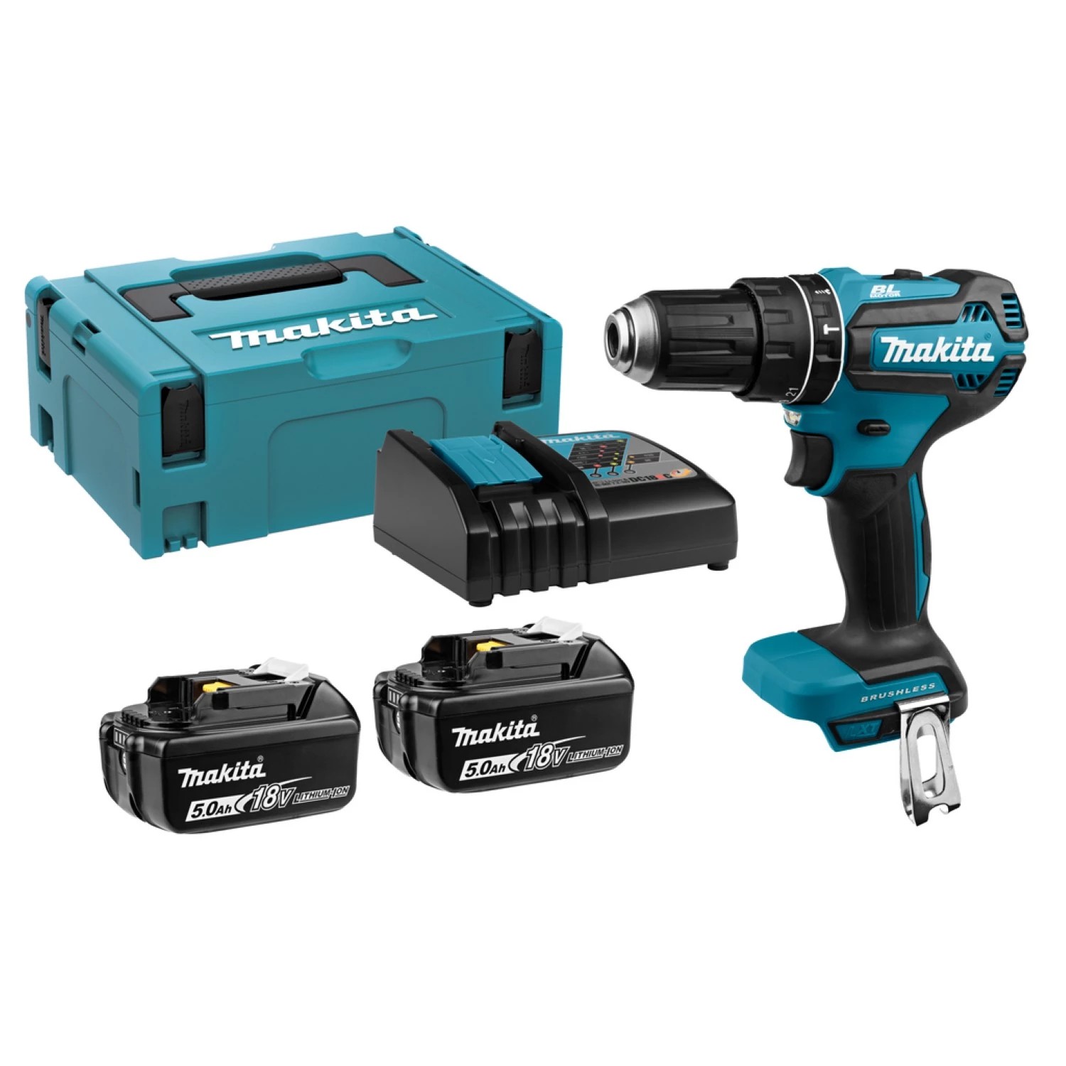 Makita DHP485RTJ 18V koolborstelloze klopboor-/schroefmachine set met 2× 5,0Ah accu en Mbox