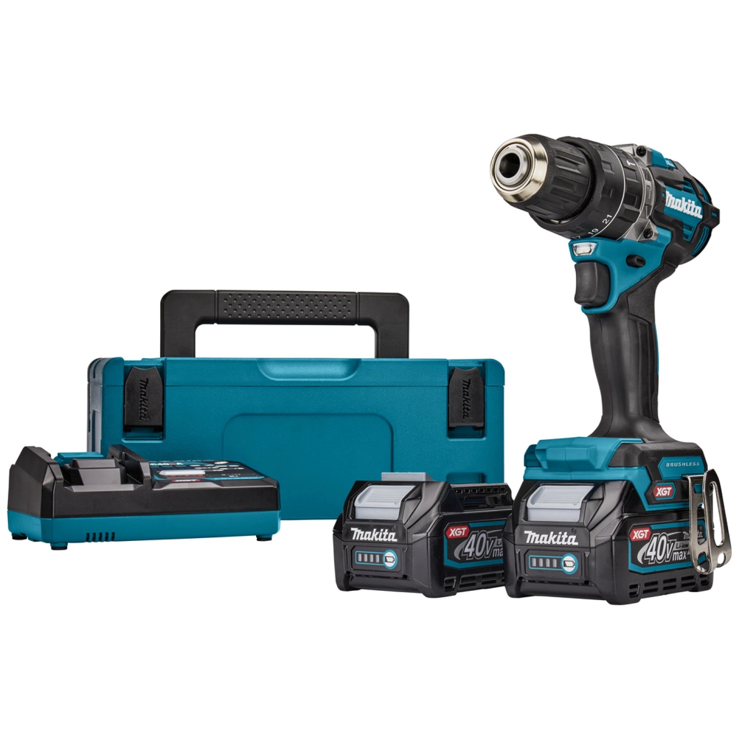 Makita HP002GD201 XGT 40V Max koolborstelloze klopboor-/schroefmachine set met 2 × 2,5 Ah accu’s en Mbox