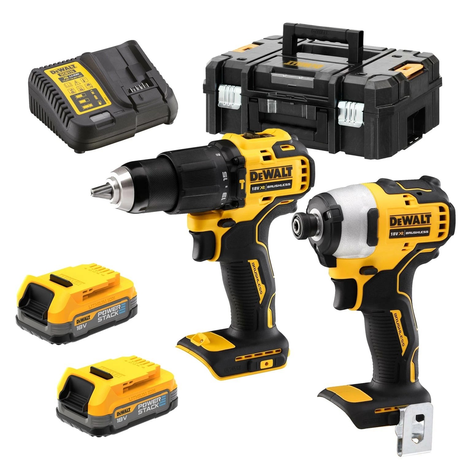 DeWALT DCK2062E2T 18V XR koolborstelloze combiset met 2 POWERSTACK accu’s en TSTAK