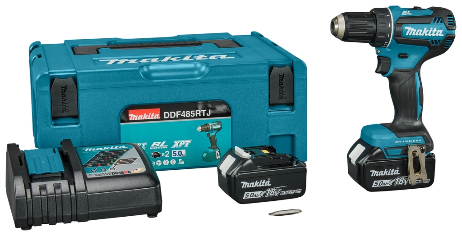 Makita DDF485RTJ 18V koolborstelloze boor-/schroefmachine set met 2x 5,0Ah accu en Mbox