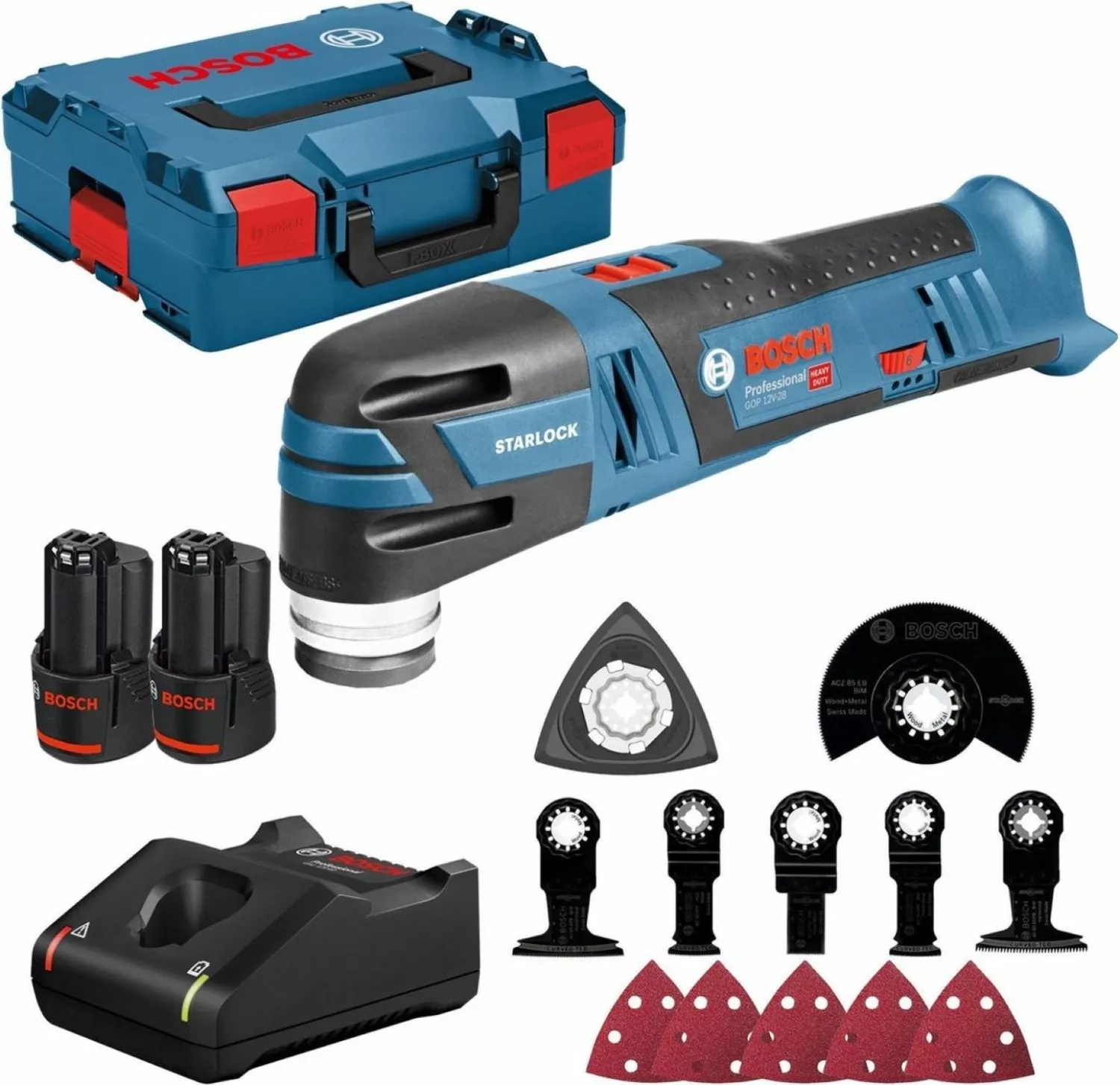 Bosch GOP 12V-28 multitool set met 2x 3,0 Ah accu en 12-delige accessoireset in L-Boxx