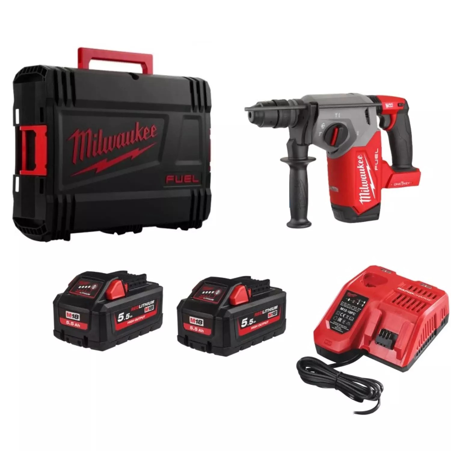 Milwaukee M18 ONEFHX-552X 18V SDS-plus combihamerset met ONE-KEY – 2 × 5,5 Ah