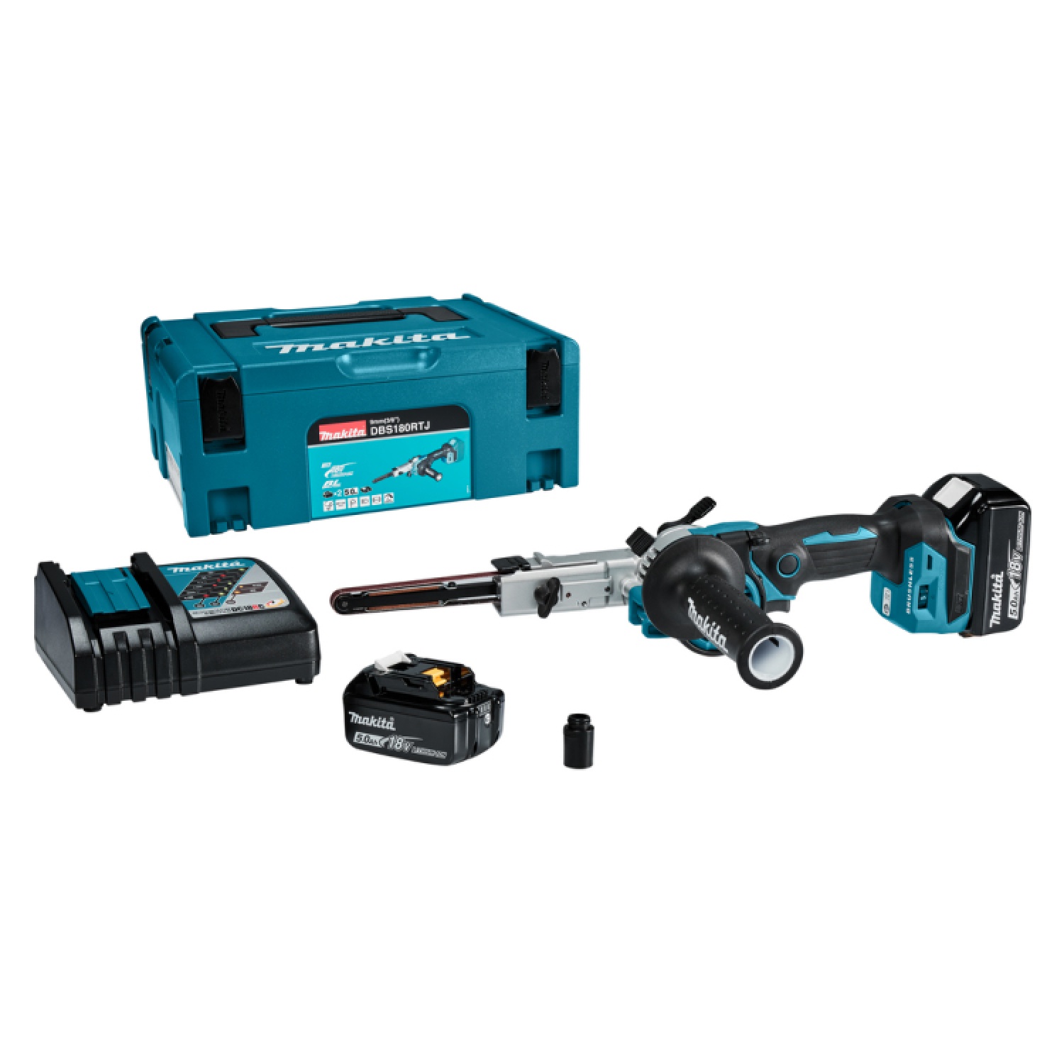 Makita DBS180RTJ 18V accu-stripschuurmachine set met 2x 5,0Ah en Mbox