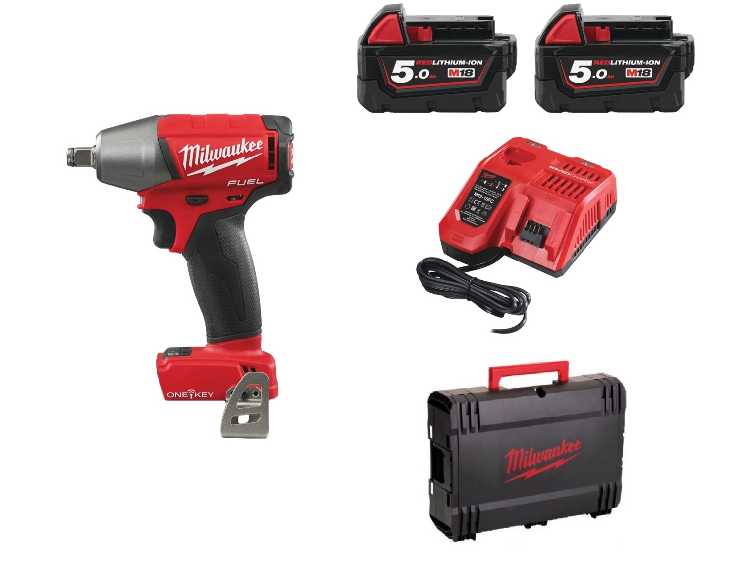 Milwaukee M18 ONEIWF12-502X 18V ONE-KEY slagmoersleutelset met 2× 5,0Ah accu en HD Box