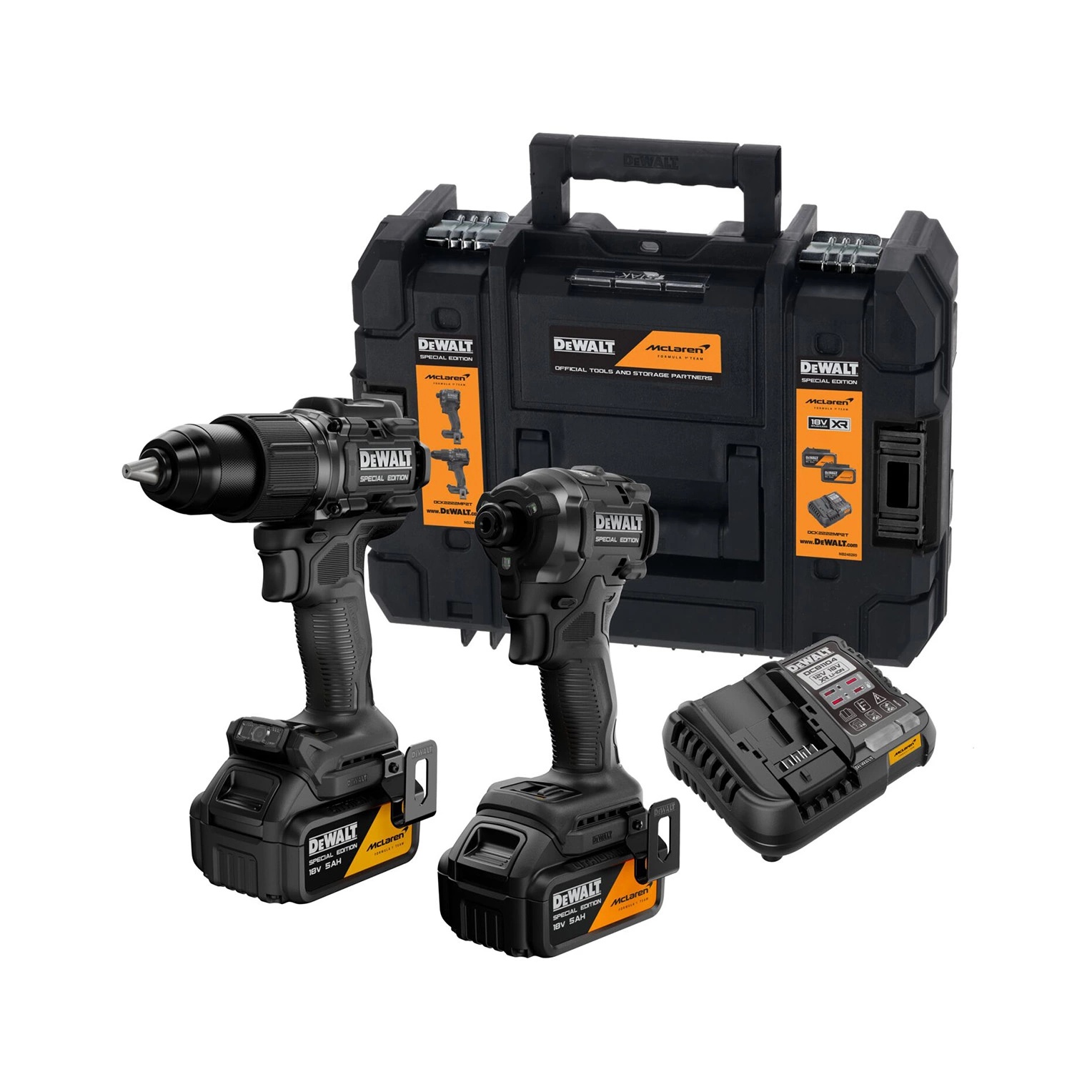 DeWALT X MCLAREN DCK2222MP2T-QW 18V XR combiset met 2x 5,0Ah accu en lader