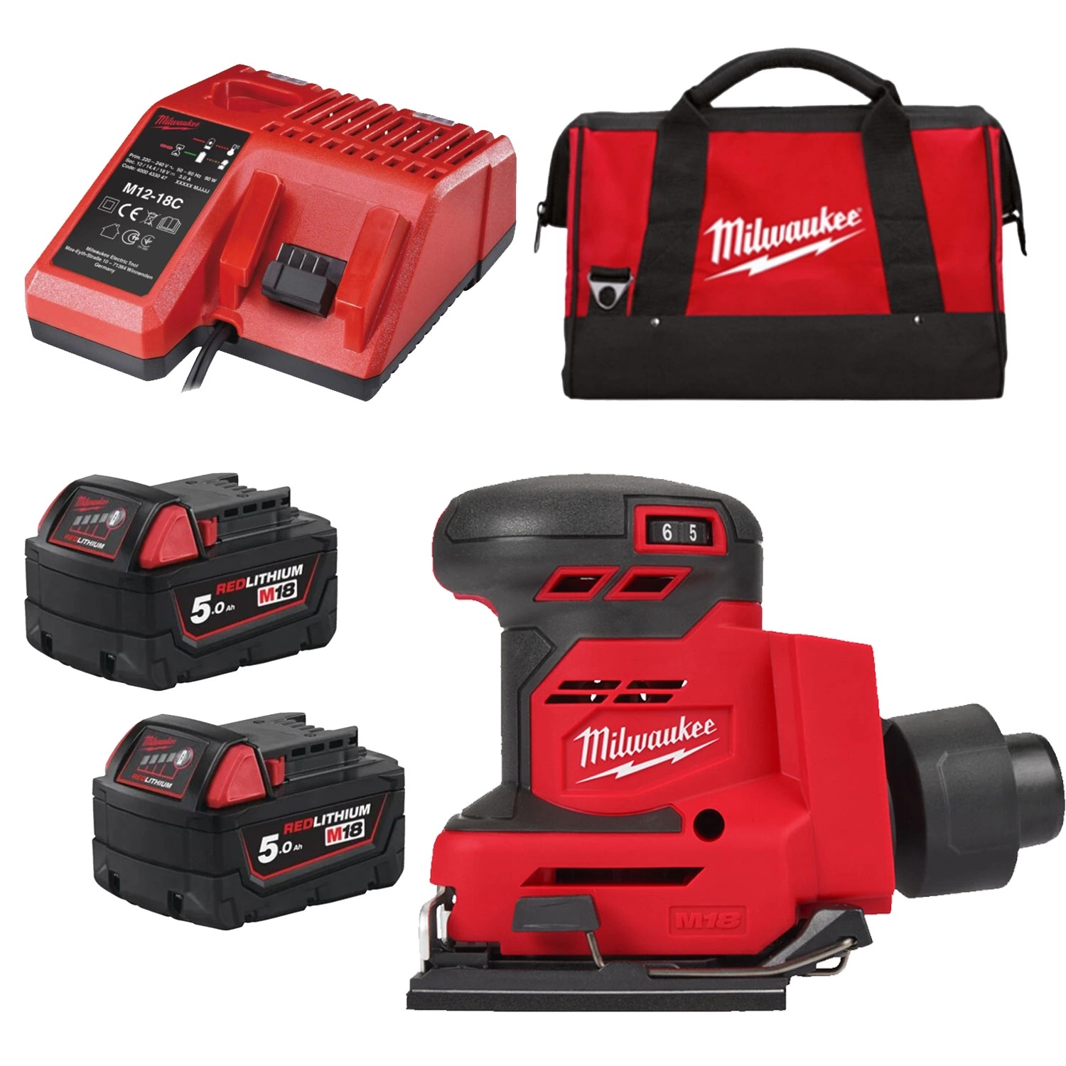 Milwaukee M18 BQSS-502B 18V accu vlakschuurmachine set met 2x 5,0 Ah en transporttas