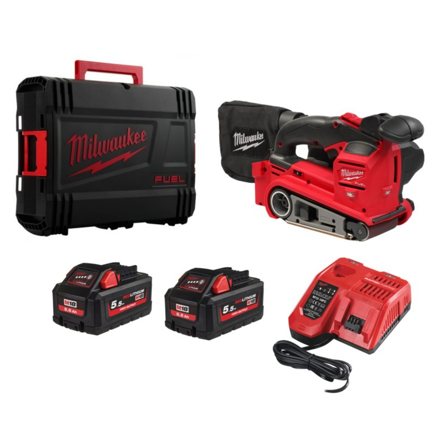 Milwaukee M18 FBTS75-552X 18V accu bandschuurmachine set – 2 × 5,5 Ah, HD Box, 75 × 457 mm