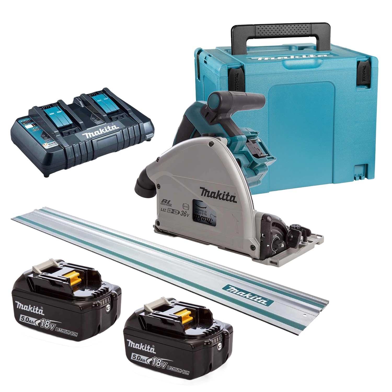 Makita DSP600PT2J1 36V accu-invalzaagset met 2x 5,0Ah accu, Mbox en geleiderail
