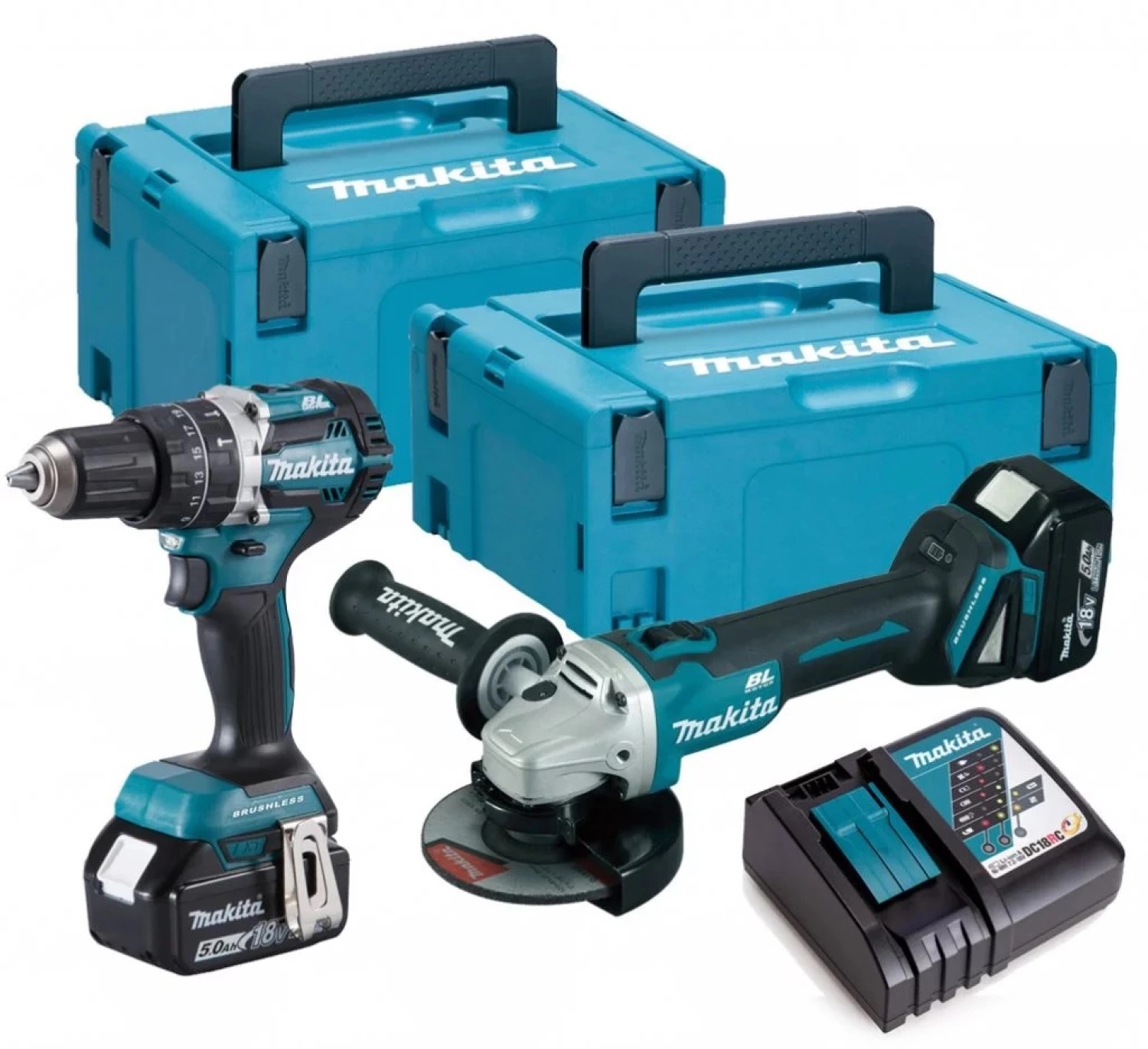 Makita DLX2210TJ1 18V combiset met klopboor-/schroefmachine en haakse slijper
