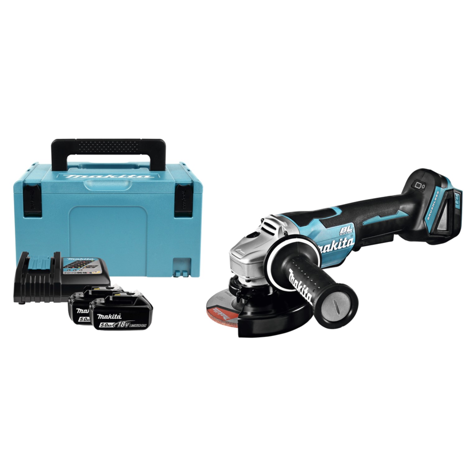Makita DGA508RTJ 18V haakse slijper set – 125 mm – 2 × 5,0 Ah – Mbox