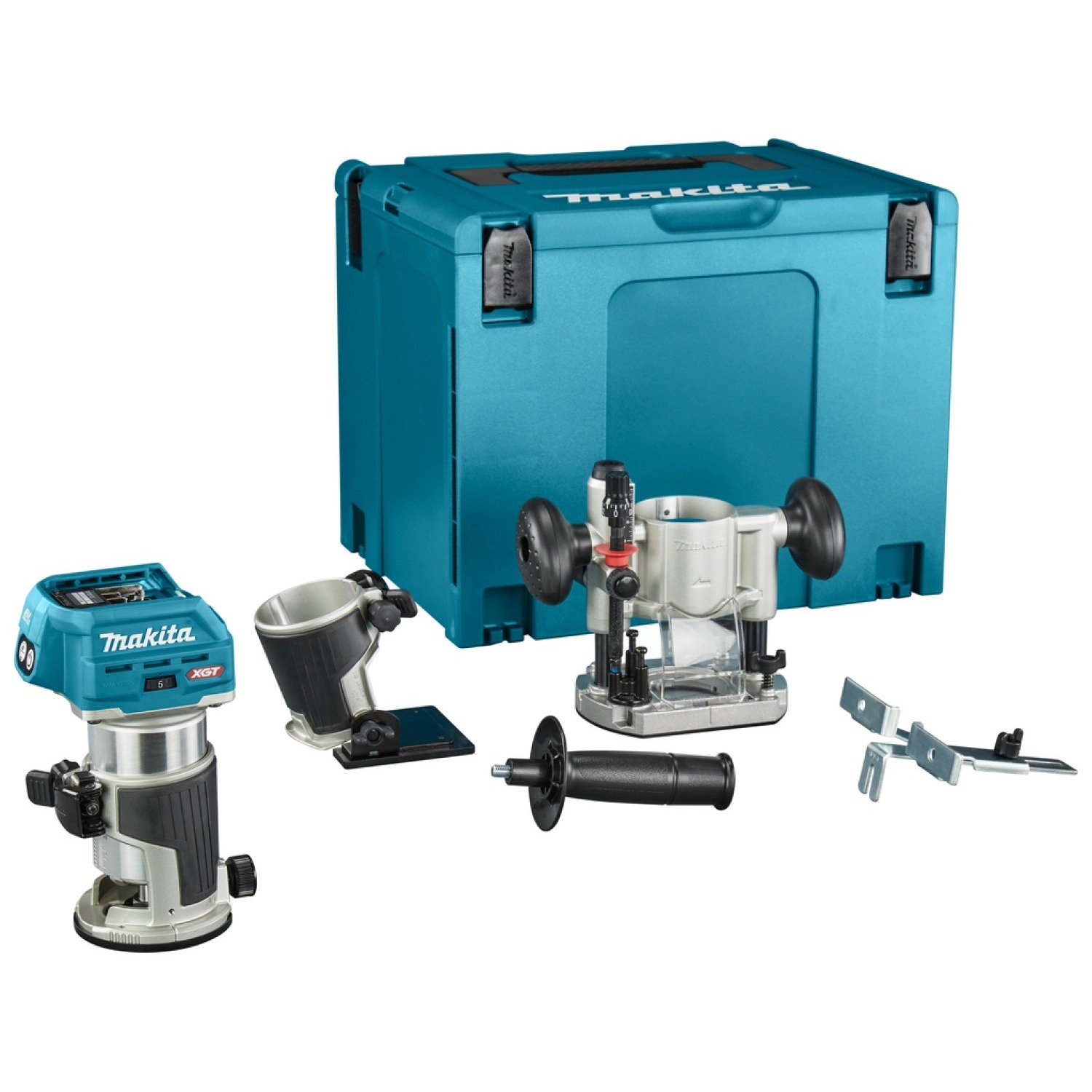 Makita RT001GZ10 XGT 40V Max boven- en kantenfrees body met diverse voeten in Mbox